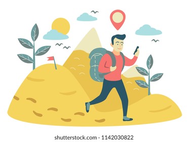 man with backpack traveling and watching his location on phone. Gps concept illustration. Map on smartphone. app counts steps. flat style vector illustration.