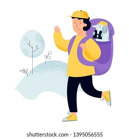 Man with backpack, traveller or explorer looking on nature forest. Young tourist with dog binoculars Concept of discovery, exploration, hiking, adventure tourism and travel. Flat vector illustration.
