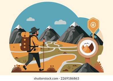 Man with backpack, traveller or explorer mountain or cliff. Concept of discovery, exploration, hiking, adventure tourism and travel. Flat vector illustration.