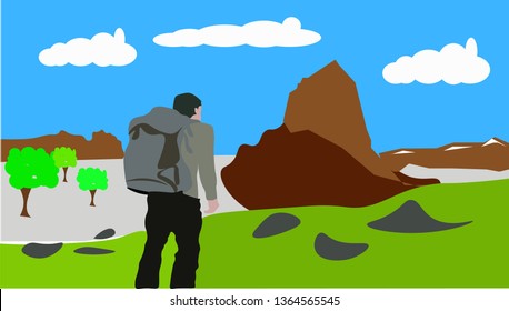 Man with backpack, traveller or explorer is seeing the beautiful tropical view .  Concept of discovery, exploration, hiking, adventure tourism and travel. Flat vector illustration