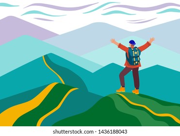 Man with a backpack traveller or explorer standing on top of mountain with their hands up. Concept of discovery, exploration, hiking, adventure tourism and travel. Flat vector illustration.