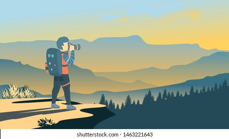 Man with backpack, traveller or explorer standing on top of mountain and photo the gradient land. Concept of discovery, exploration, hiking, adventure tourism and travel. Flat vector illustration.