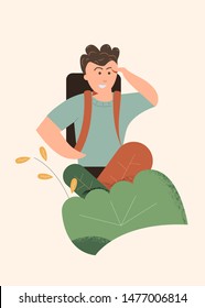 Man with backpack, traveller or explorer standing in the thicket and looking on valley. Discovery, exploration, hiking, adventure tourism and travel. Flat vector illustration.