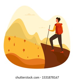 Man with backpack, traveller or explorer standing on top of mountain or cliff and looking on a valley. Concept of discovery, exploration, hiking, adventure tourism and travel. Flat vector illustration.