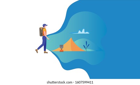 Man with backpack, traveller or explorer standing looking on valley. Concept of discovery, exploration, hiking, adventure tourism and travel. Flat vector illustration.