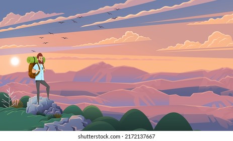 Man with backpack, traveller or explorer standing on top of mountain and looking on valley. Concept of discovery, exploration, hiking, adventure tourism and travel, Summer vacation. Around world