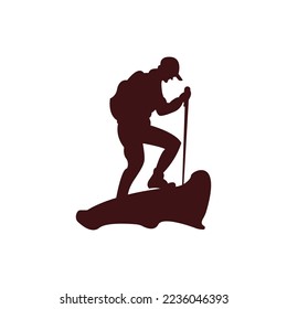 Man with backpack, traveller or explorer standing on top of mountain or cliff and looking on valley. Concept of discovery, exploration, hiking, adventure tourism and travel. Flat vector illustration.
