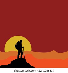 Man with backpack, traveller or explorer standing on top of mountain or cliff and looking on valley. Concept of discovery, exploration, hiking, adventure tourism and travel. Flat vector illustration