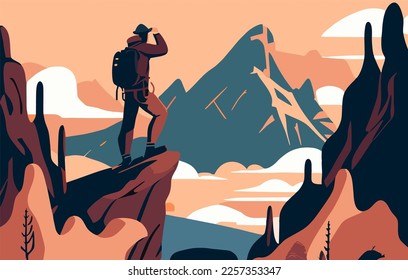 Man with backpack, traveller or explorer standing on top of mountain or cliff and looking on valley. Mountains landscape. Traveling or hiking or exploring or tourism concept. Vector illustration.