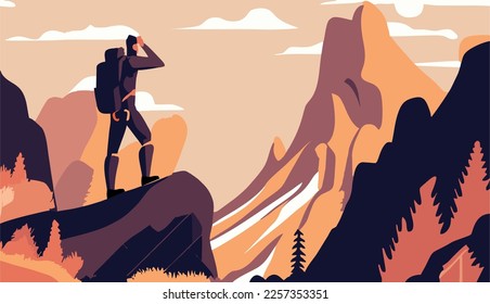 Man with backpack, traveller or explorer standing on top of mountain or cliff and looking on valley. Mountains landscape. Traveling or hiking or exploring or tourism concept. Vector illustration.