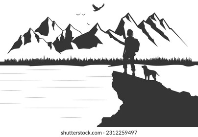 Man with backpack, traveller or explorer standing on top of mountain or cliff and looking on valley. Concept of discovery, exploration, hiking, adventure tourism and travel. Flat vector illustration.