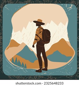 Man with backpack, traveller or explorer standing on top of mountain or cliff and looking on valley. Concept of discovery, exploration, hiking, adventure tourism and travel. Flat vector illustration.