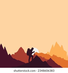 Hombre con mochila, viajero o explorador parado en lo alto de la montaña o acantilado y mirando al valle. Paisaje montañoso. Viajar o hacer senderismo, explorar o turismo. Ilustración vectorial.