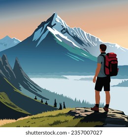 Man with backpack, traveller or explorer standing on valley. Concept of discovery, exploration, hiking, adventure tourism and travel. vector illustration. Poster, Banner, Card, Background or Landscape