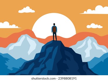 Man with backpack, traveller or explorer standing on top of mountain or cliff and looking on valley. Concept of discovery, exploration, hiking, adventure tourism and travel.