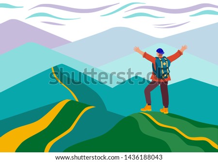 Man with a backpack traveller or explorer standing on top of mountain with their hands up. Concept of discovery, exploration, hiking, adventure tourism and travel. Flat vector illustration.