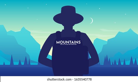 Man with backpack, traveller or explorer wearing a hat at night standing and looking on valley. Concept of discovery, exploration, hiking, adventure tourism and travel. Flat vector illustration.