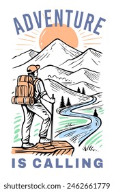 Man with backpack, traveller on top of mountain landscape. Adventure tourism and travel sketch.