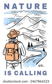 Man with backpack, traveller on top of mountain landscape. Adventure tourism and travel sketch.