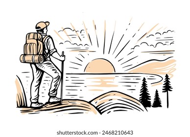 Man with backpack, traveller on top of mountain landscape. Adventure tourism and travel sketch.