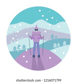Man with backpack trekking in mountains. Cold weather. Winter activity. flat icon design. vector illustration