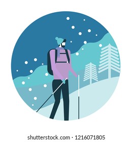 Man with backpack trekking in mountains. Cold weather. Winter activity. flat icon design. vector illustration