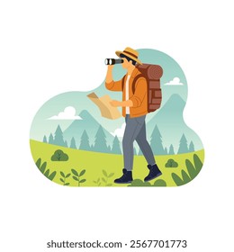 Man with backpack trekking in nature with map and binoculars. Flat vector illustration scene