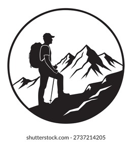 A man with backpack and trekking poles standing on mountain peak looking at mountains