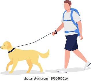 Man with backpack walk with dog semi flat color vector character. Trekker figure. Full body person on white. Hiker isolated modern cartoon style illustration for graphic design and animation
