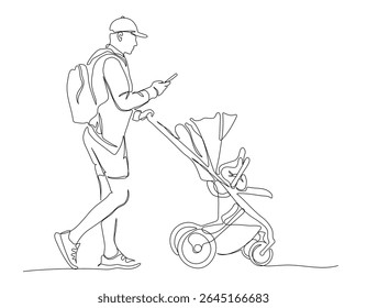 Man with backpack walking with baby stroller and using phone. Father's day. Addiction. Side view. Continuous line drawing. Black and white vector in line art style.