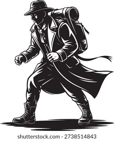 Man with Backpack Walking in Black and White Illustration Style