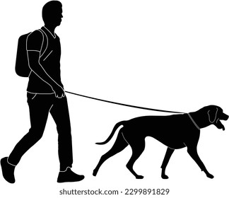 man with backpack walking dog, silhouette - vector artwork