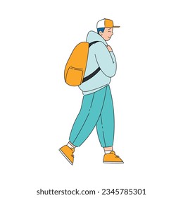 Man with Backpack Walking Looking Far at Something Interesting Vector Illustration