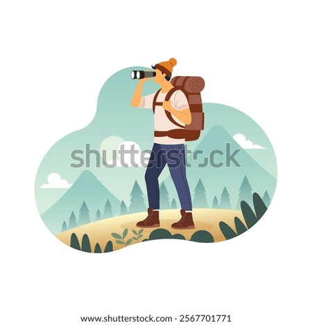 Man with backpack walking in nature with binoculars. Flat concept vector illustration