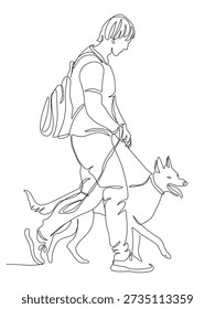 Hombre con mochila caminando con perro pastor lado a lado. Sujetando la correa con 2 manos. Dibujo de línea continua. Ilustración vectorial en estilo de arte de línea. Trazo editable.