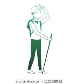 Man with backpack and walking stick green lines