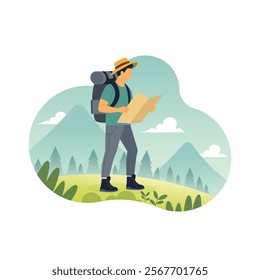 Man with backpack walking and trekking in nature with map. Flat concept vector illustration