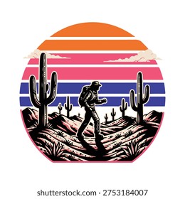 A man with a backpack walks through a desert landscape with cacti and mountains under a colorful sunset sky