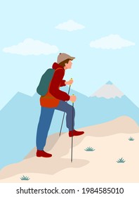 Man backpacker climbing high on a mountain hike. Traveler with a backpack climbing the mountain. The mountains are calling title. Backpacker illustration for your design.
