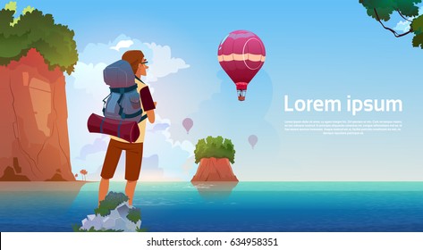 Man Backpacker Enjoy View In Mountains Lake Traveler On Summer Adventure Vacation Concept Flat Vector Illustration