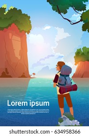 Man Backpacker Enjoy View In Mountains Lake Traveler On Summer Adventure Vacation Concept Flat Vector Illustration