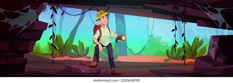 El mochilero hombre explora el fondo vectorial de la cueva de la selva. Feliz aventura masculina dentro de la escena tropical grutto dungeon 2d. Entrada en la antigua ilustración de caricatura del juego de un agujero de roca de minas