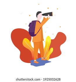 Der Mensch als Backpacker, der auf den Hügel blickt, benutzt Ferngläser. Konzept für Wandern. Flache Vektorgrafik einzeln auf weißem Hintergrund. Wanderabenteuer.