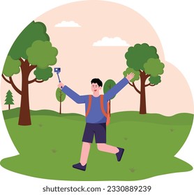 A Man With Backpacker Making A Video On Vacation illustration