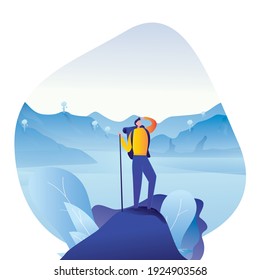 Man As Backpacker Standing On The Hill. Concept For Hiking. Flat Style Vector Illustration Isolated On White Background, Suitable For Wallpaper, Banner, Book Illustration. Travelling Hiking Adventure.