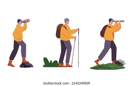 man backpacker travel adventure concept. outdoor vacation recreation in nature theme of hiking, climbing and trekking with people character set.