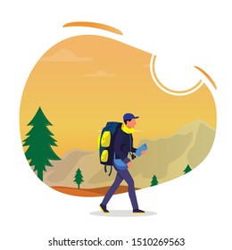 Man as Backpacker Travelling alone in light summer. Concept for Backpacker. Flat style vector illustration isolated on white background, suitable for wallpaper, banner, book illustration