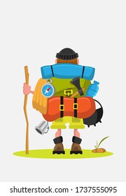 A man with backpacks goes on a hike.