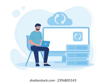 man backup database via laptop trending concept flat illustration
