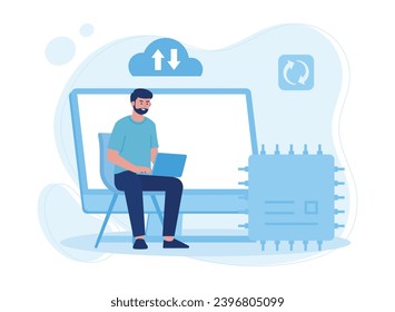 man backup, upload, download database with laptop trending concept flat illustration